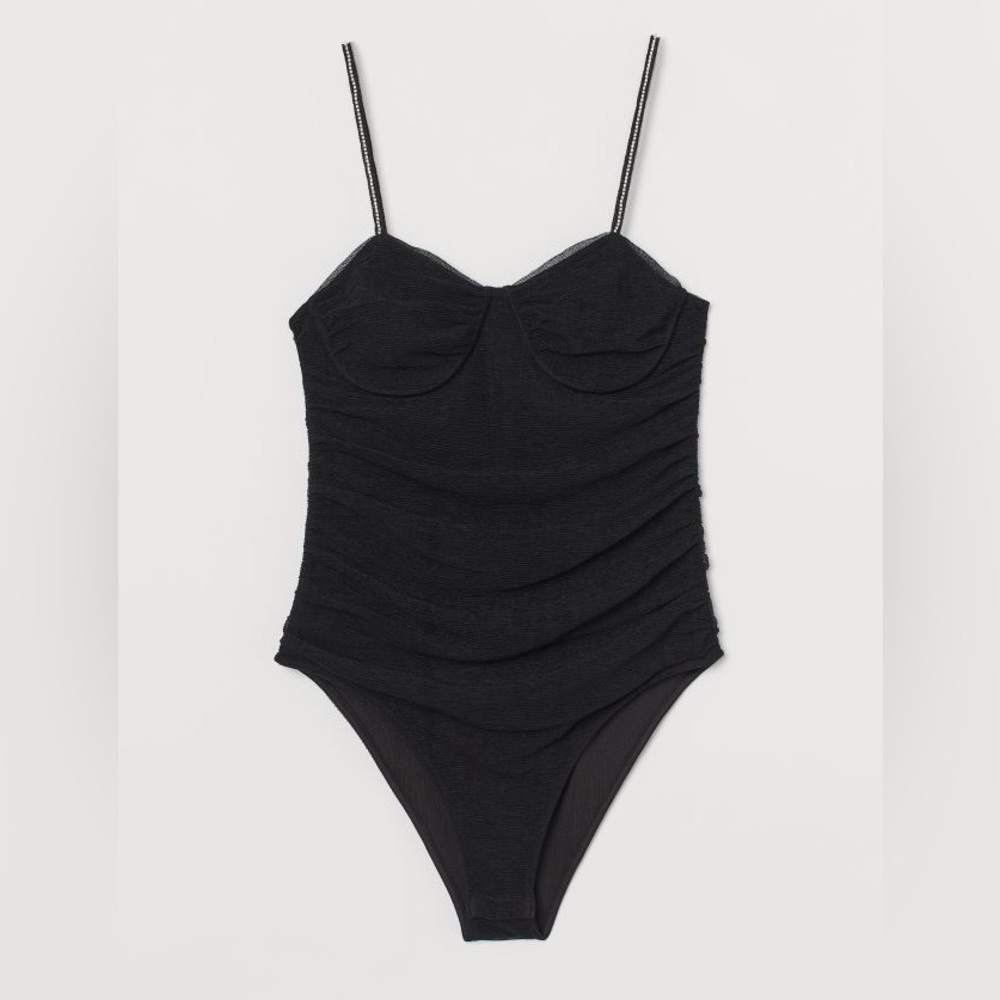 ❤️NWT H&M Black Tulle Bodysuit with Rhinestone Straps and Underwire Size XS